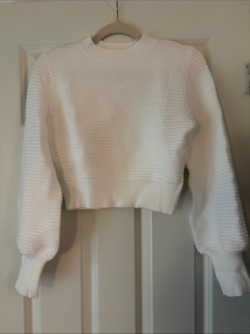 Cropped White Ribbed Knit Sweater
